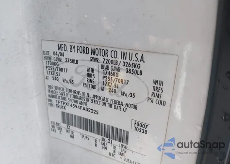 2004 Ford F-150 Fx4/Lariat/Xl/Xlt z USA, uszkodzony, nr VIN 1FTPX14594FA02225